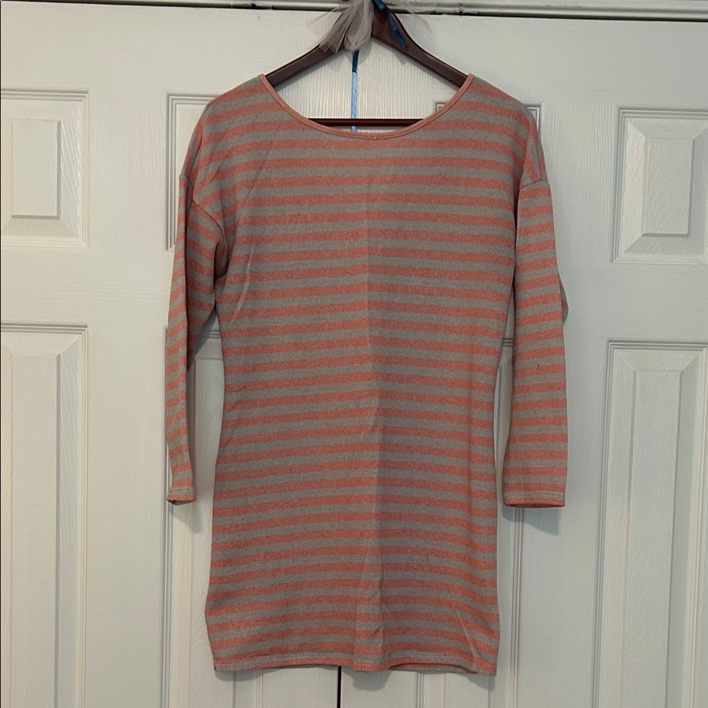 Striped Long Sleeve Shift Dress - Coral & Light Gray